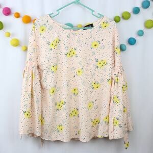 Fab'rik Pink Yellow Floral Print Long Bell Sleeve Blouse Top Size Small